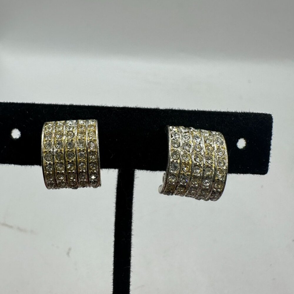 Vintage Rhinestone Pave Clip-On Earrings Silver Tone